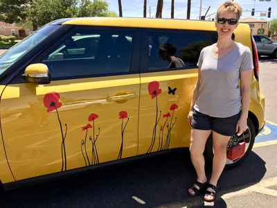 Red poppies, woman, car, Arizona