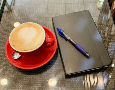 Cafe latte, Cafe D'Wasi, Cusco Peru, journal, journal and pen